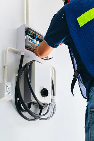 Certified male Electrician Installing Home EV Charger